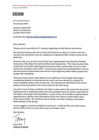 a letter from Tony Hall, BBC Director General to Damian Collins MP suspending the closure of the BBC Red Button